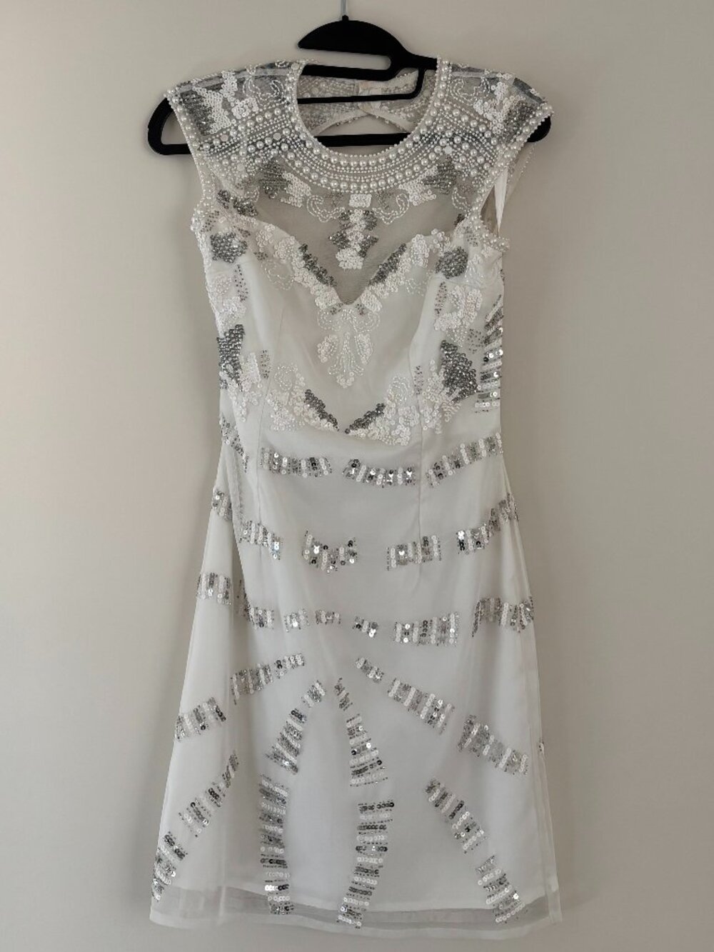 White and Silver Sequin Pearl Embellished Short Dress